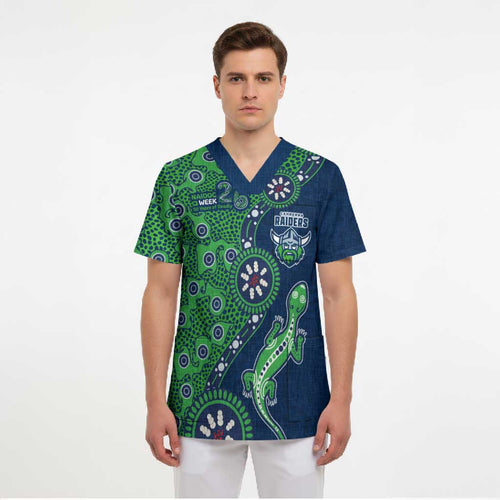 Canberra Raiders NAIDOC Week 2026 Scrub Top Aboriginal Lizard Dot Painting - 50 Years of Deadly