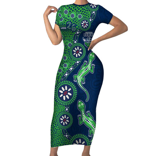 Canberra Raiders NAIDOC Week 2026 Short Sleeve Bodycon Dress Aboriginal Lizard Dot Painting - 50 Years of Deadly