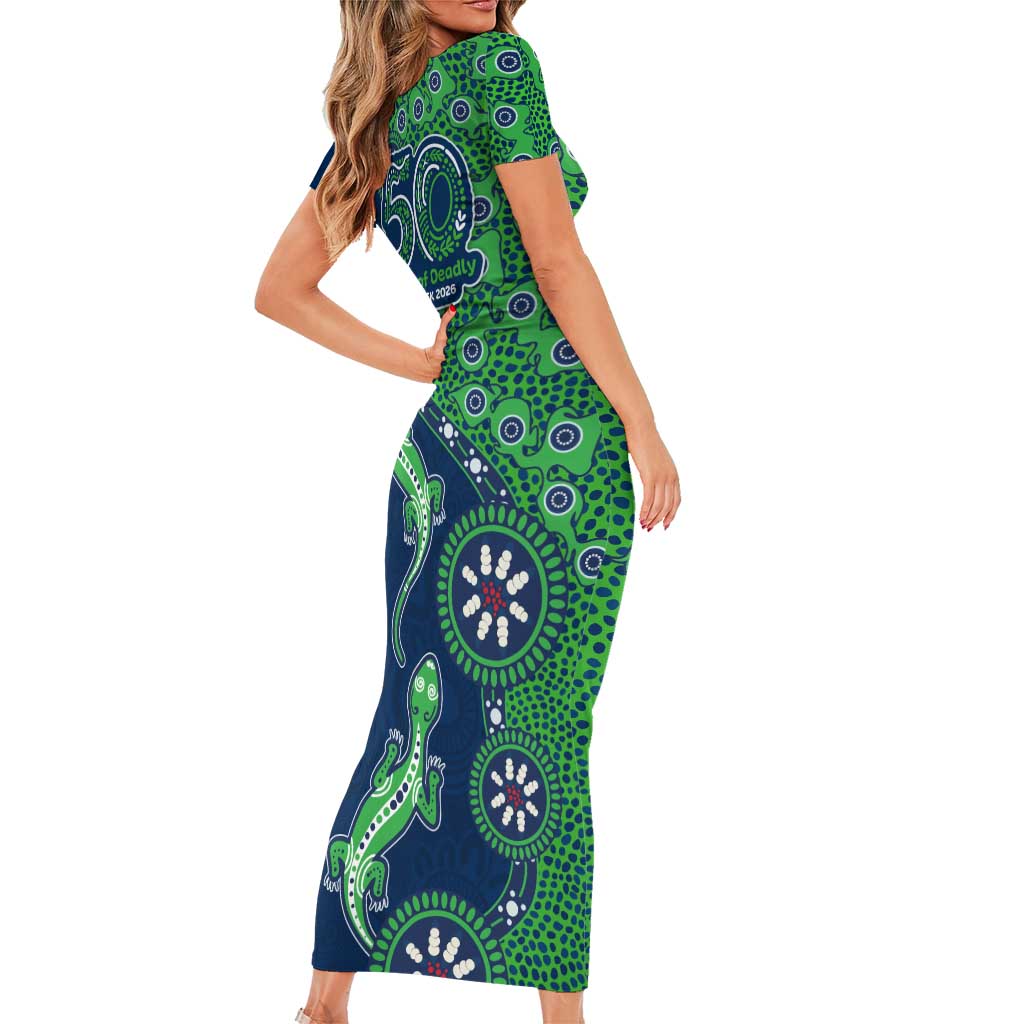 Canberra Raiders NAIDOC Week 2026 Short Sleeve Bodycon Dress Aboriginal Lizard Dot Painting - 50 Years of Deadly