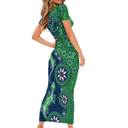 Canberra Raiders NAIDOC Week 2026 Short Sleeve Bodycon Dress Aboriginal Lizard Dot Painting - 50 Years of Deadly