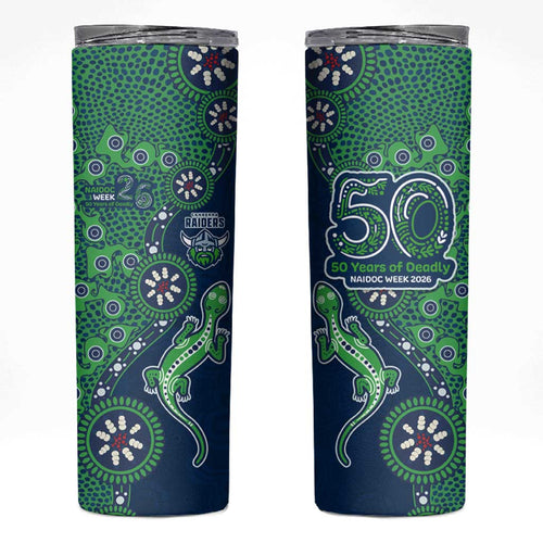 Canberra Raiders NAIDOC Week 2026 Skinny Tumbler Aboriginal Lizard Dot Painting - 50 Years of Deadly