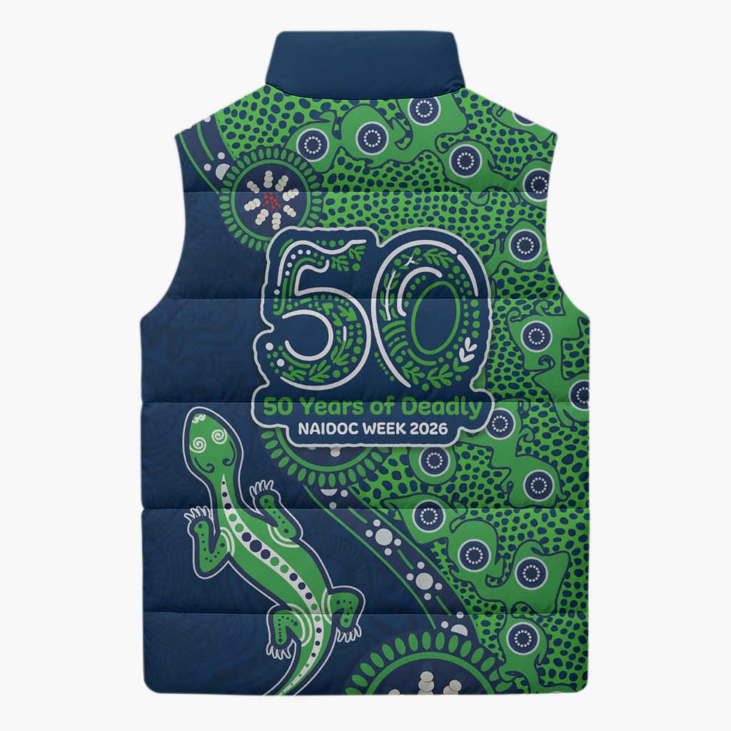Canberra Raiders NAIDOC Week 2026 Sleeveless Puffer Jacket Aboriginal Lizard Dot Painting - 50 Years of Deadly