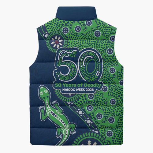 Canberra Raiders NAIDOC Week 2026 Sleeveless Puffer Jacket Aboriginal Lizard Dot Painting - 50 Years of Deadly