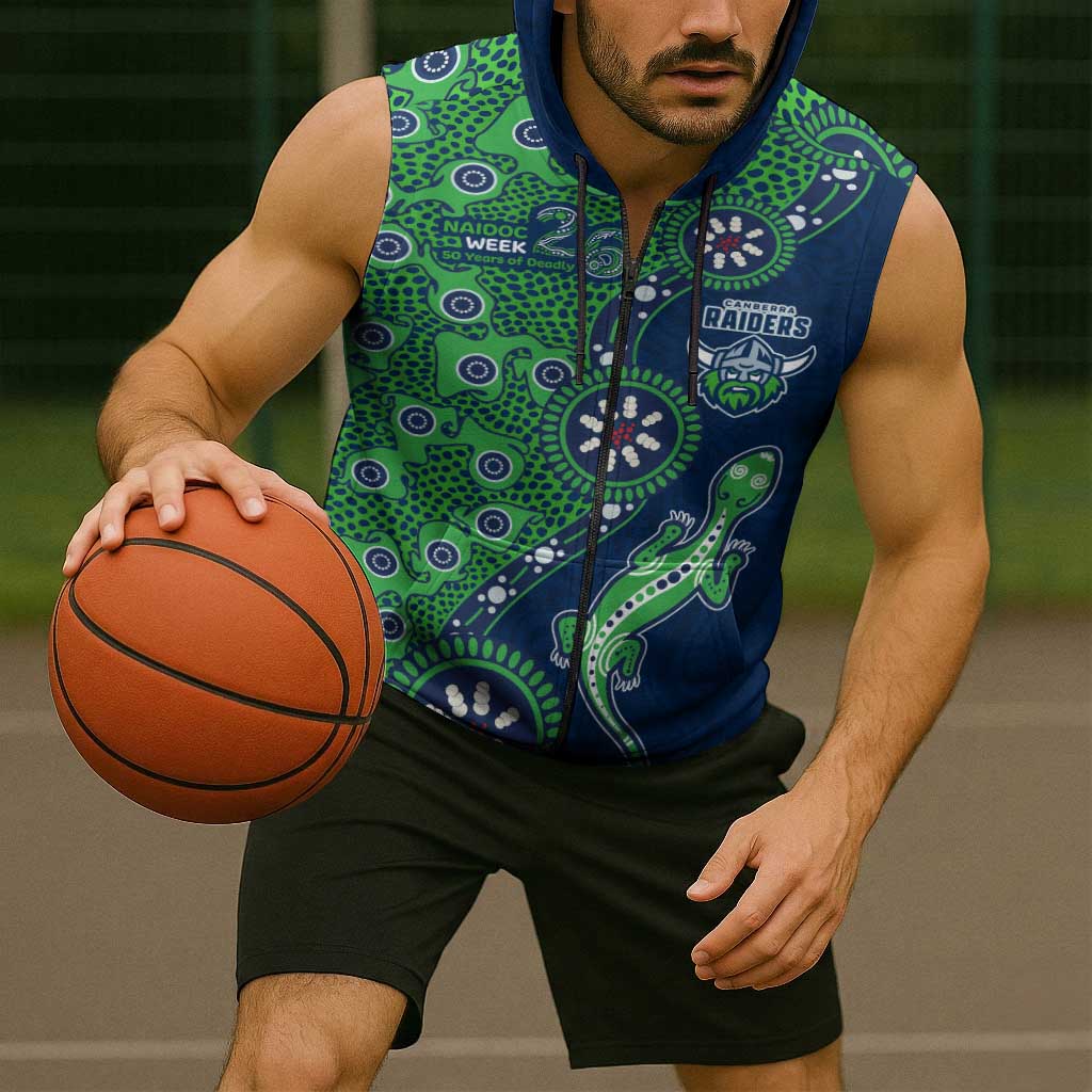Canberra Raiders NAIDOC Week 2026 Sleeveless Zip Hoodie Aboriginal Lizard Dot Painting - 50 Years of Deadly