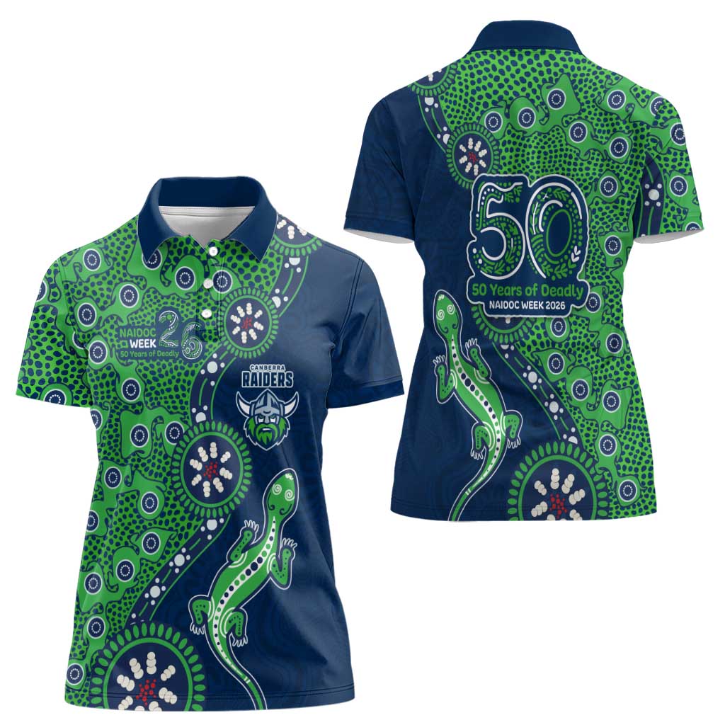 Canberra Raiders NAIDOC Week 2026 Women Polo Shirt Aboriginal Lizard Dot Painting - 50 Years of Deadly