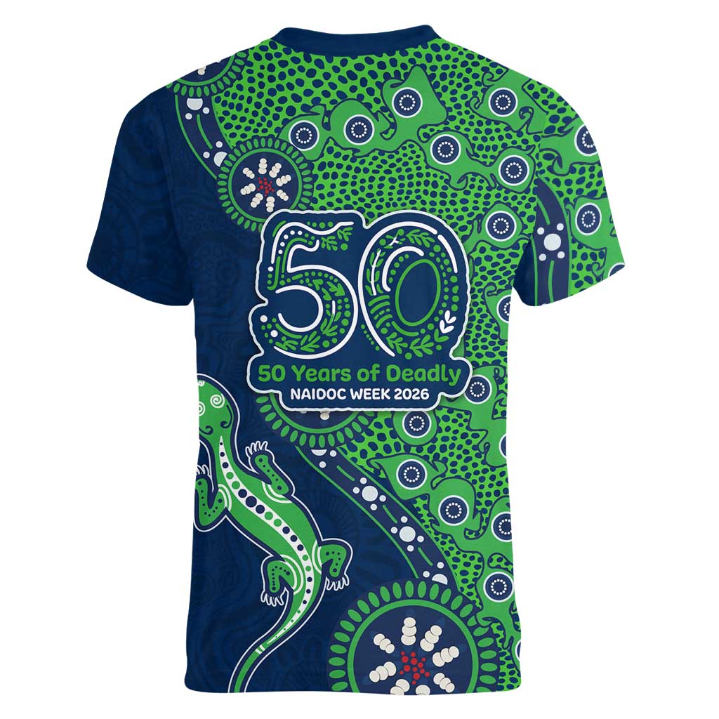 Canberra Raiders NAIDOC Week 2026 Women V-Neck T-Shirt Aboriginal Lizard Dot Painting - 50 Years of Deadly