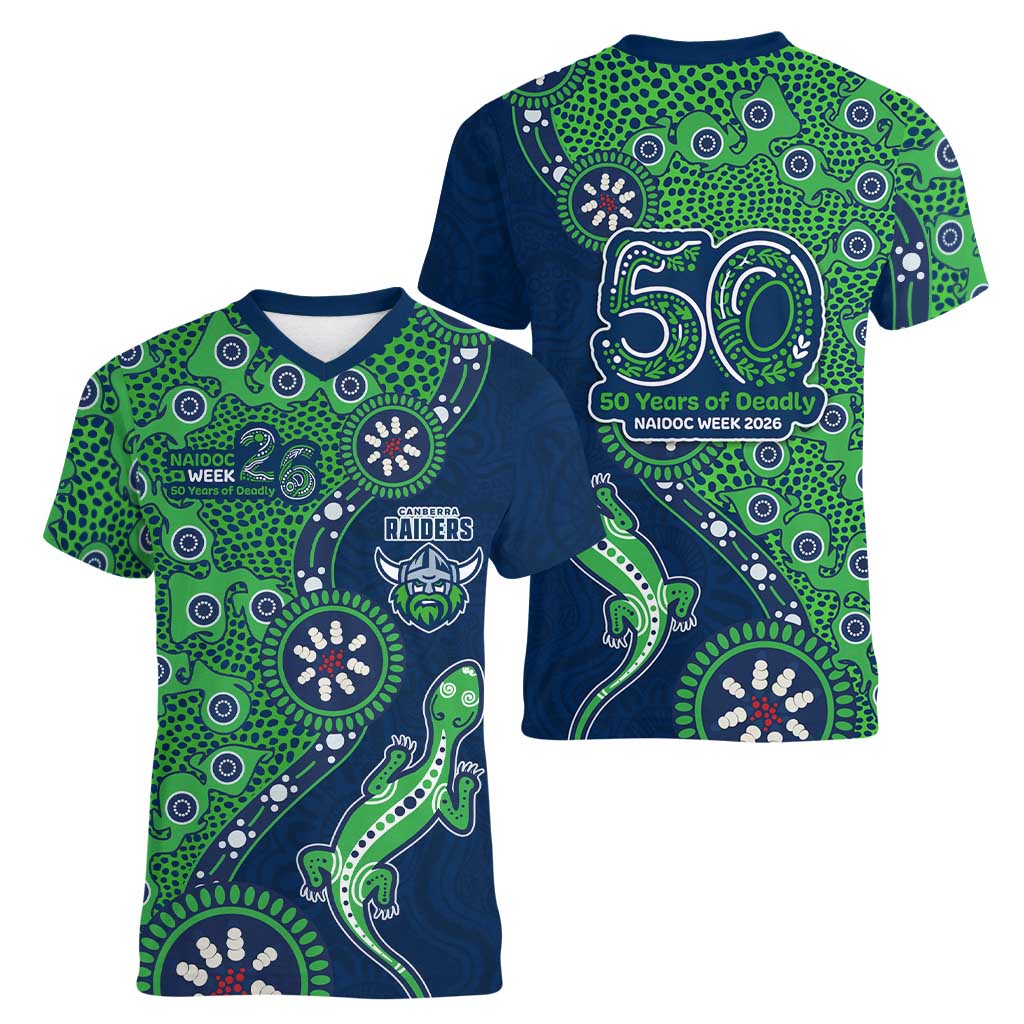 Canberra Raiders NAIDOC Week 2026 Women V-Neck T-Shirt Aboriginal Lizard Dot Painting - 50 Years of Deadly