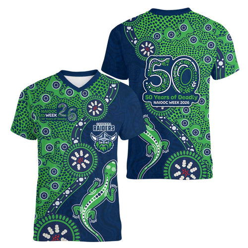 Canberra Raiders NAIDOC Week 2026 Women V-Neck T-Shirt Aboriginal Lizard Dot Painting - 50 Years of Deadly