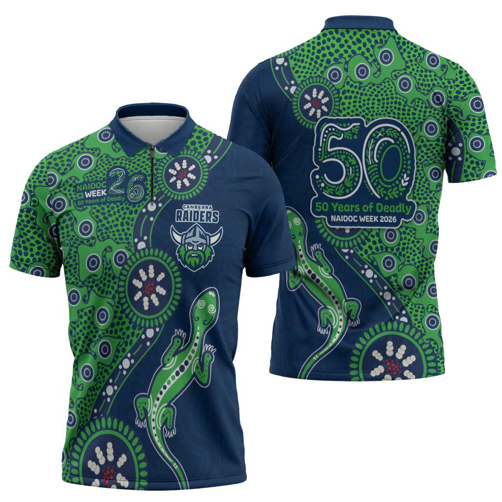 Canberra Raiders NAIDOC Week 2026 Zipper Polo Shirt Aboriginal Lizard Dot Painting - 50 Years of Deadly