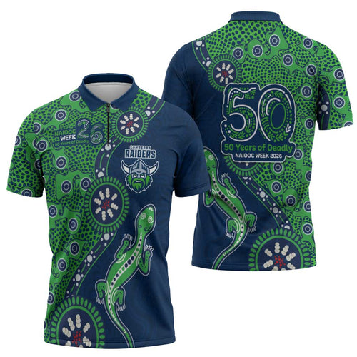 Canberra Raiders NAIDOC Week 2026 Zipper Polo Shirt Aboriginal Lizard Dot Painting - 50 Years of Deadly