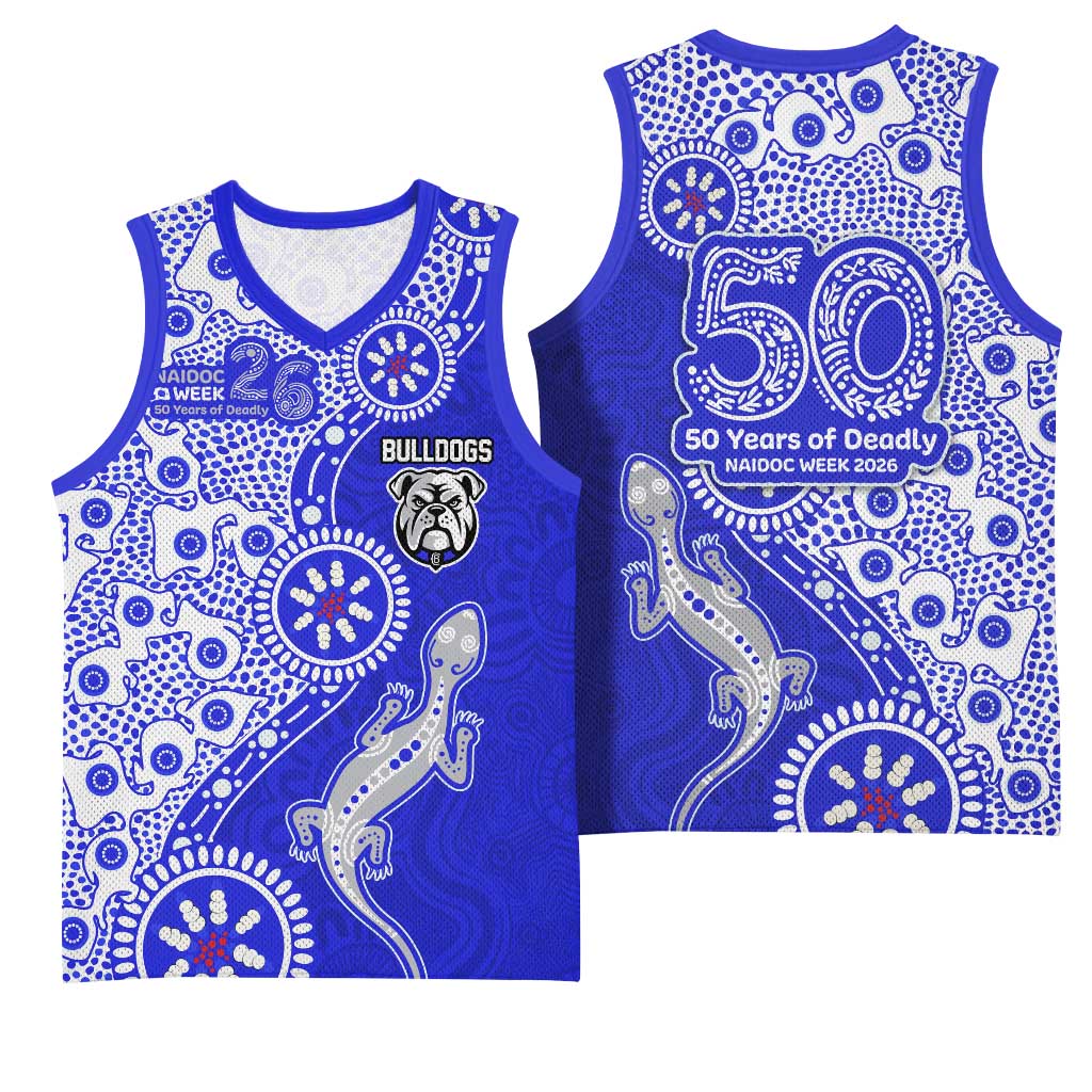 Canterbury-Bankstown Bulldogs NAIDOC Week 2026 Basketball Jersey Aboriginal Lizard Dot Painting - 50 Years of Deadly