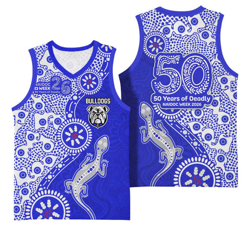 Canterbury-Bankstown Bulldogs NAIDOC Week 2026 Basketball Jersey Aboriginal Lizard Dot Painting - 50 Years of Deadly