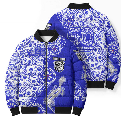 Canterbury-Bankstown Bulldogs NAIDOC Week 2026 Bomber Puffer Jacket Aboriginal Lizard Dot Painting - 50 Years of Deadly