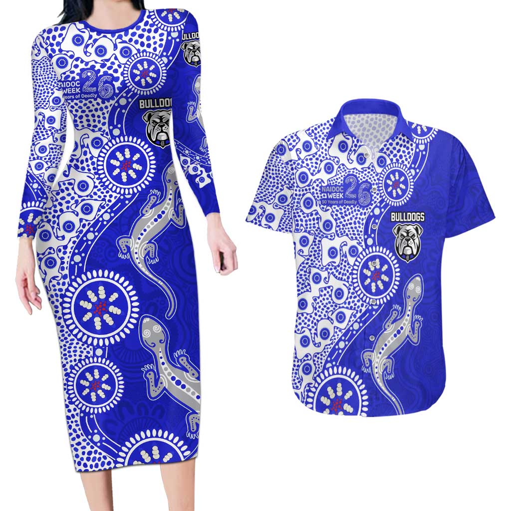 Canterbury-Bankstown Bulldogs NAIDOC Week 2026 Couples Matching Long Sleeve Bodycon Dress and Hawaiian Shirt Aboriginal Lizard Dot Painting - 50 Years of Deadly