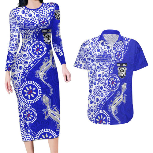 Canterbury-Bankstown Bulldogs NAIDOC Week 2026 Couples Matching Long Sleeve Bodycon Dress and Hawaiian Shirt Aboriginal Lizard Dot Painting - 50 Years of Deadly