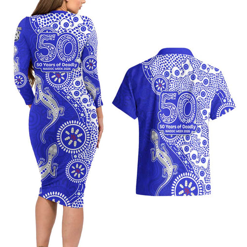 Canterbury-Bankstown Bulldogs NAIDOC Week 2026 Couples Matching Long Sleeve Bodycon Dress and Hawaiian Shirt Aboriginal Lizard Dot Painting - 50 Years of Deadly