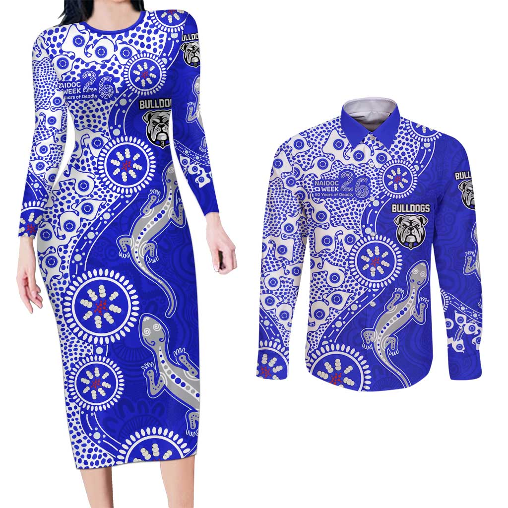 Canterbury-Bankstown Bulldogs NAIDOC Week 2026 Couples Matching Long Sleeve Bodycon Dress and Long Sleeve Button Shirt Aboriginal Lizard Dot Painting - 50 Years of Deadly