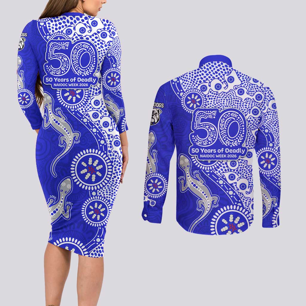 Canterbury-Bankstown Bulldogs NAIDOC Week 2026 Couples Matching Long Sleeve Bodycon Dress and Long Sleeve Button Shirt Aboriginal Lizard Dot Painting - 50 Years of Deadly