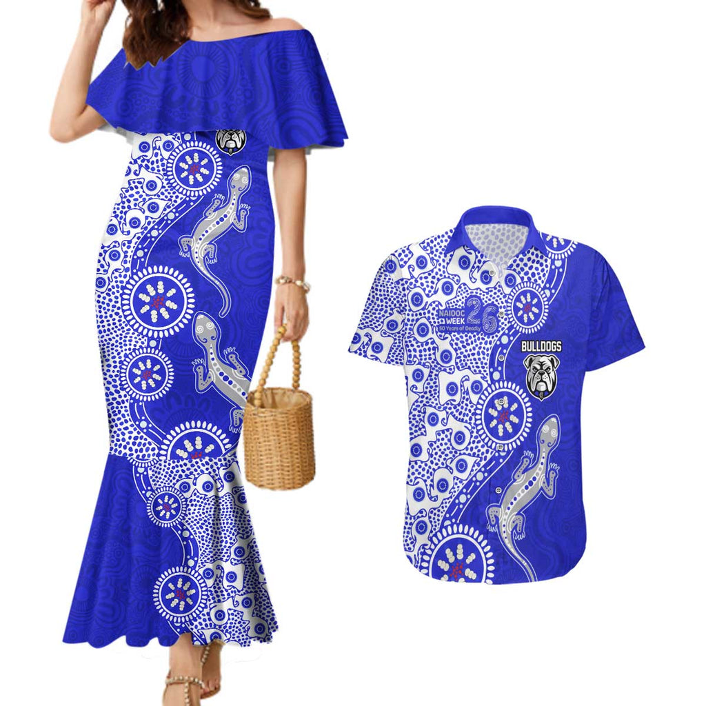 Canterbury-Bankstown Bulldogs NAIDOC Week 2026 Couples Matching Mermaid Dress and Hawaiian Shirt Aboriginal Lizard Dot Painting - 50 Years of Deadly