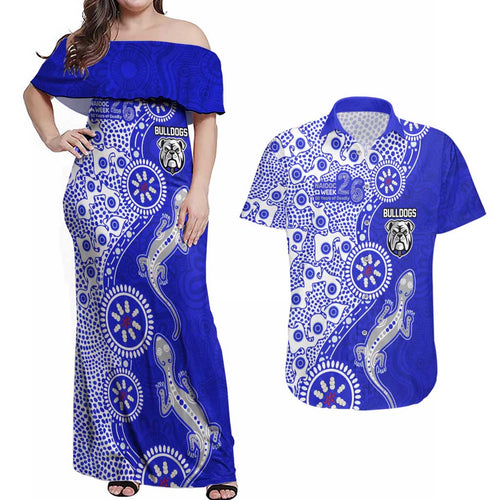 Canterbury-Bankstown Bulldogs NAIDOC Week 2026 Couples Matching Off Shoulder Maxi Dress and Hawaiian Shirt Aboriginal Lizard Dot Painting - 50 Years of Deadly