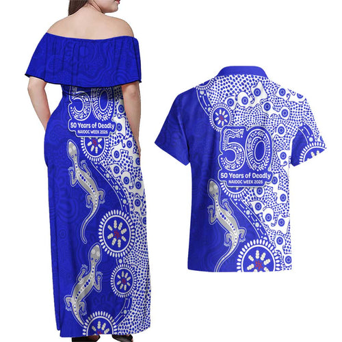 Canterbury-Bankstown Bulldogs NAIDOC Week 2026 Couples Matching Off Shoulder Maxi Dress and Hawaiian Shirt Aboriginal Lizard Dot Painting - 50 Years of Deadly
