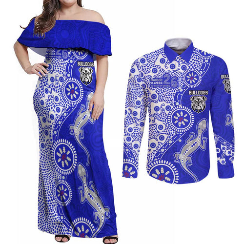 Canterbury-Bankstown Bulldogs NAIDOC Week 2026 Couples Matching Off Shoulder Maxi Dress and Long Sleeve Button Shirt Aboriginal Lizard Dot Painting - 50 Years of Deadly