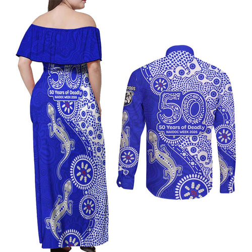 Canterbury-Bankstown Bulldogs NAIDOC Week 2026 Couples Matching Off Shoulder Maxi Dress and Long Sleeve Button Shirt Aboriginal Lizard Dot Painting - 50 Years of Deadly