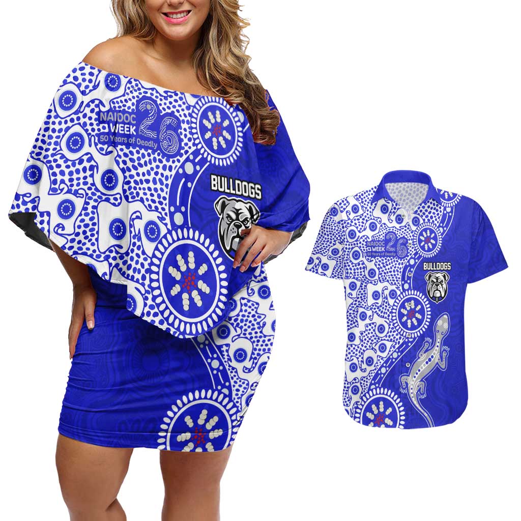 Canterbury-Bankstown Bulldogs NAIDOC Week 2026 Couples Matching Off Shoulder Short Dress and Hawaiian Shirt Aboriginal Lizard Dot Painting - 50 Years of Deadly