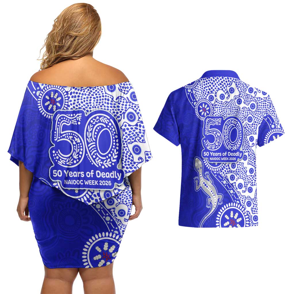 Canterbury-Bankstown Bulldogs NAIDOC Week 2026 Couples Matching Off Shoulder Short Dress and Hawaiian Shirt Aboriginal Lizard Dot Painting - 50 Years of Deadly