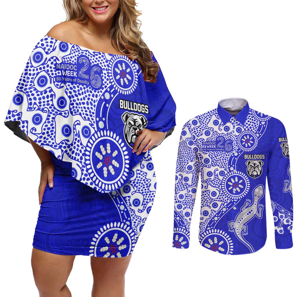 Canterbury-Bankstown Bulldogs NAIDOC Week 2026 Couples Matching Off Shoulder Short Dress and Long Sleeve Button Shirt Aboriginal Lizard Dot Painting - 50 Years of Deadly