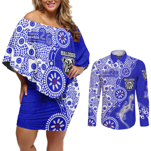Canterbury-Bankstown Bulldogs NAIDOC Week 2026 Couples Matching Off Shoulder Short Dress and Long Sleeve Button Shirt Aboriginal Lizard Dot Painting - 50 Years of Deadly