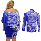 Canterbury-Bankstown Bulldogs NAIDOC Week 2026 Couples Matching Off Shoulder Short Dress and Long Sleeve Button Shirt Aboriginal Lizard Dot Painting - 50 Years of Deadly