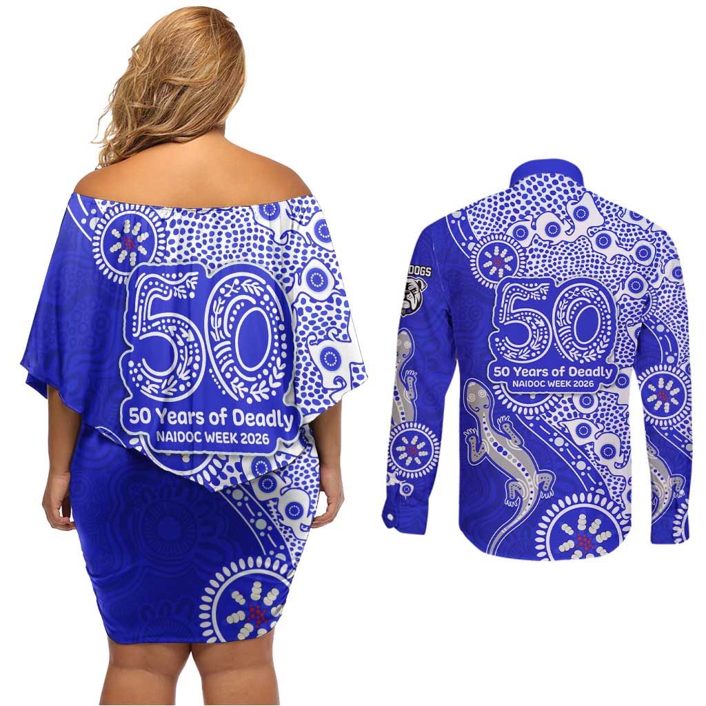 Canterbury-Bankstown Bulldogs NAIDOC Week 2026 Couples Matching Off Shoulder Short Dress and Long Sleeve Button Shirt Aboriginal Lizard Dot Painting - 50 Years of Deadly