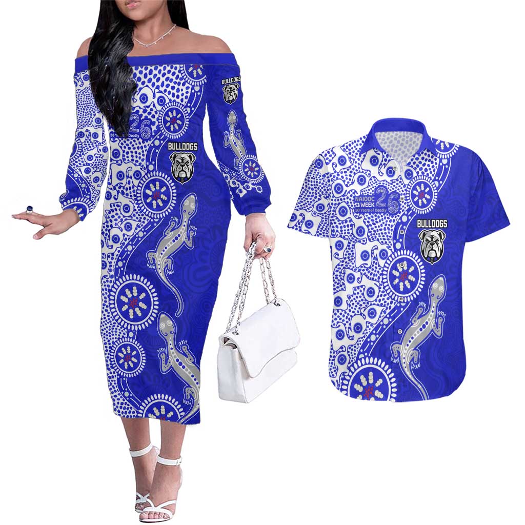 Canterbury-Bankstown Bulldogs NAIDOC Week 2026 Couples Matching Off The Shoulder Long Sleeve Dress and Hawaiian Shirt Aboriginal Lizard Dot Painting - 50 Years of Deadly