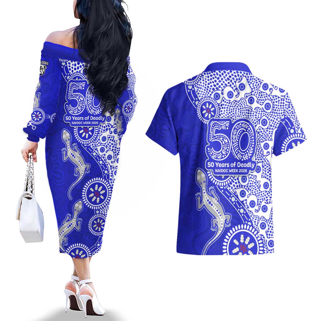 Canterbury-Bankstown Bulldogs NAIDOC Week 2026 Couples Matching Off The Shoulder Long Sleeve Dress and Hawaiian Shirt Aboriginal Lizard Dot Painting - 50 Years of Deadly