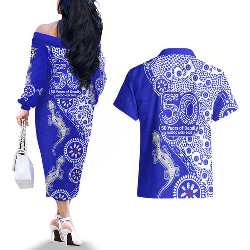 Canterbury-Bankstown Bulldogs NAIDOC Week 2026 Couples Matching Off The Shoulder Long Sleeve Dress and Hawaiian Shirt Aboriginal Lizard Dot Painting - 50 Years of Deadly