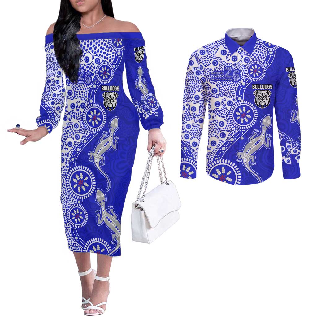 Canterbury-Bankstown Bulldogs NAIDOC Week 2026 Couples Matching Off The Shoulder Long Sleeve Dress and Long Sleeve Button Shirt Aboriginal Lizard Dot Painting - 50 Years of Deadly