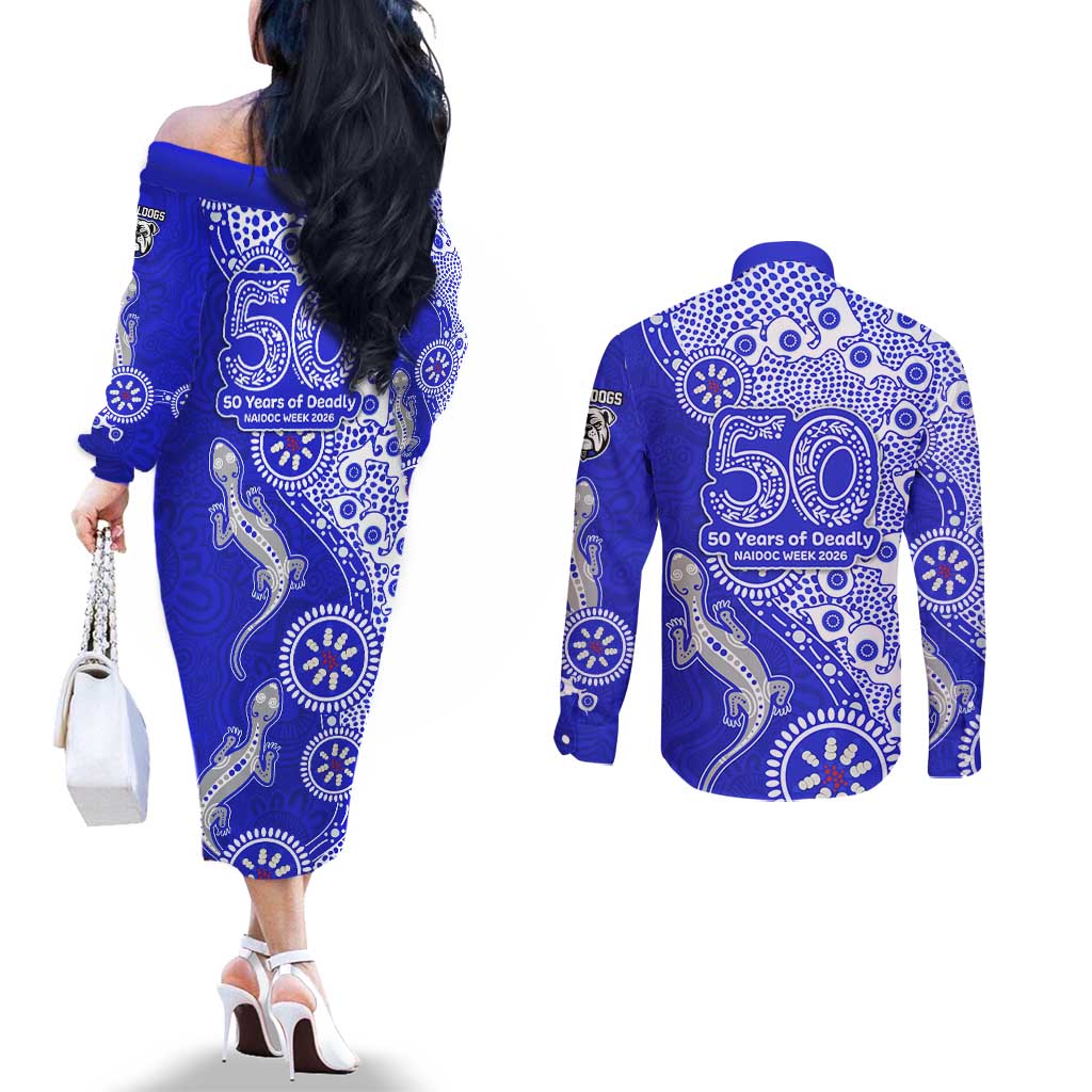 Canterbury-Bankstown Bulldogs NAIDOC Week 2026 Couples Matching Off The Shoulder Long Sleeve Dress and Long Sleeve Button Shirt Aboriginal Lizard Dot Painting - 50 Years of Deadly
