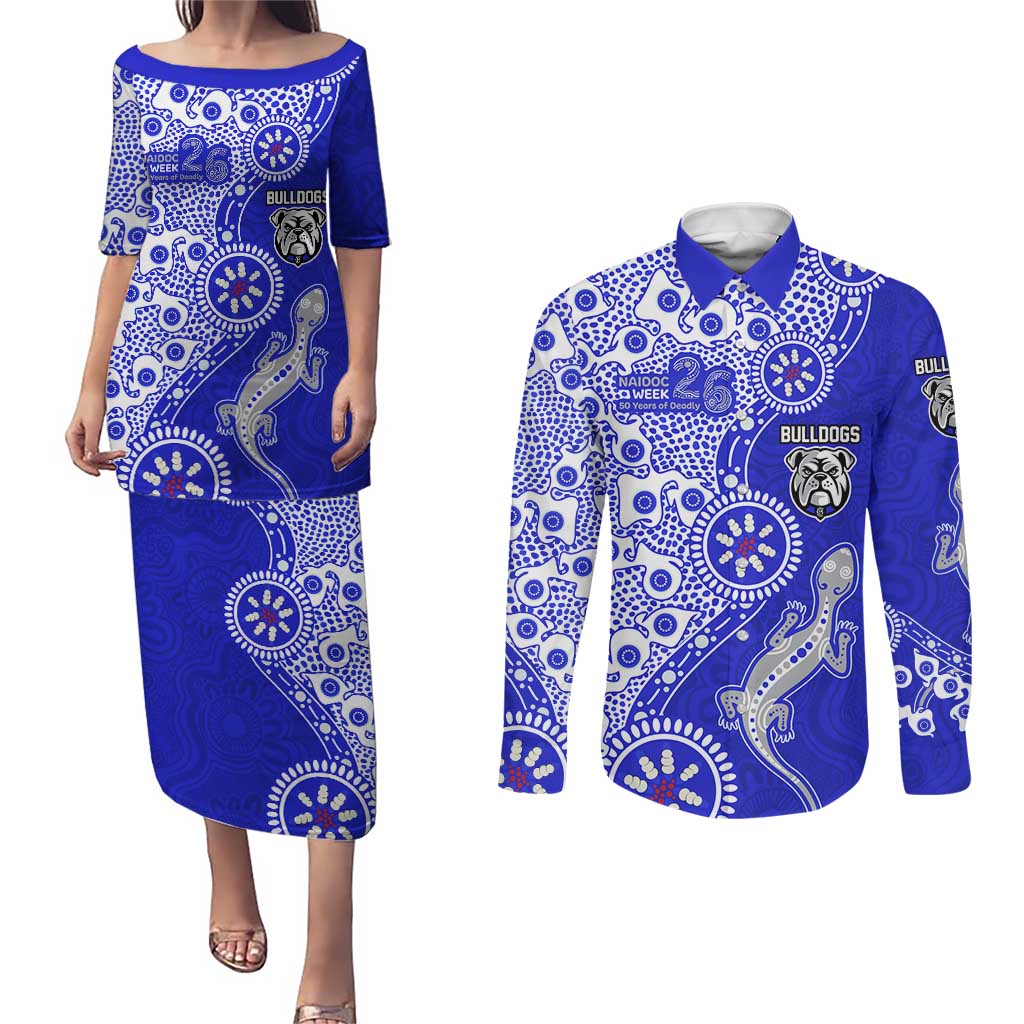 Canterbury-Bankstown Bulldogs NAIDOC Week 2026 Couples Matching Puletasi and Long Sleeve Button Shirt Aboriginal Lizard Dot Painting - 50 Years of Deadly