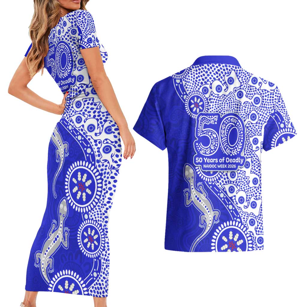 Canterbury-Bankstown Bulldogs NAIDOC Week 2026 Couples Matching Short Sleeve Bodycon Dress and Hawaiian Shirt Aboriginal Lizard Dot Painting - 50 Years of Deadly