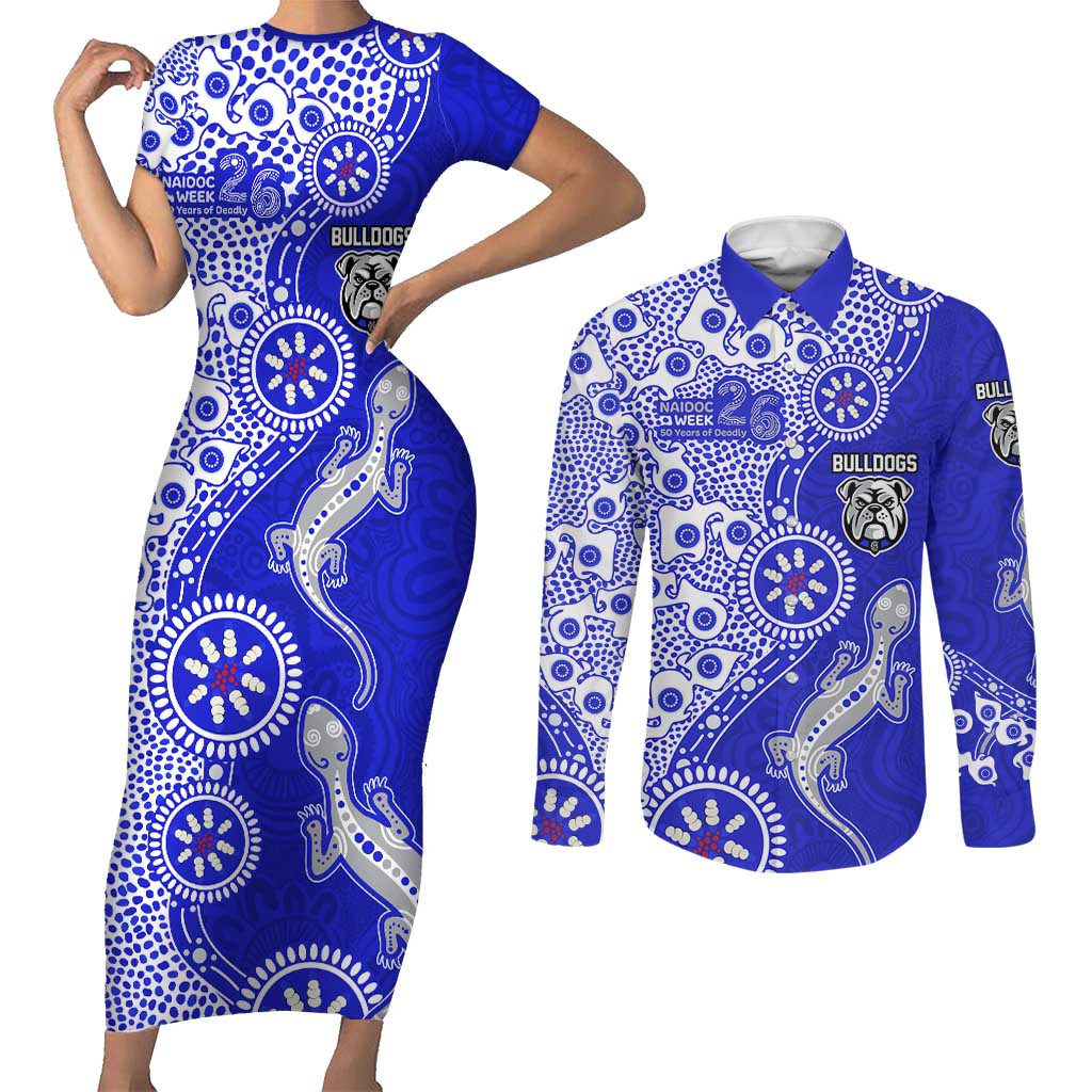 Canterbury-Bankstown Bulldogs NAIDOC Week 2026 Couples Matching Short Sleeve Bodycon Dress and Long Sleeve Button Shirt Aboriginal Lizard Dot Painting - 50 Years of Deadly