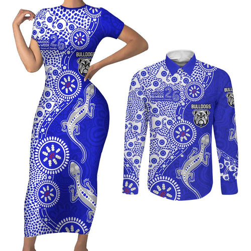 Canterbury-Bankstown Bulldogs NAIDOC Week 2026 Couples Matching Short Sleeve Bodycon Dress and Long Sleeve Button Shirt Aboriginal Lizard Dot Painting - 50 Years of Deadly