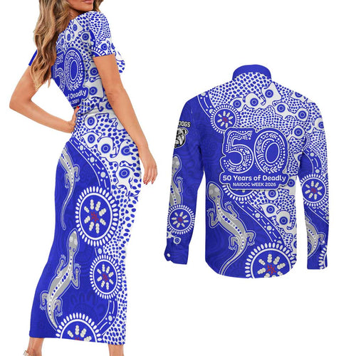 Canterbury-Bankstown Bulldogs NAIDOC Week 2026 Couples Matching Short Sleeve Bodycon Dress and Long Sleeve Button Shirt Aboriginal Lizard Dot Painting - 50 Years of Deadly