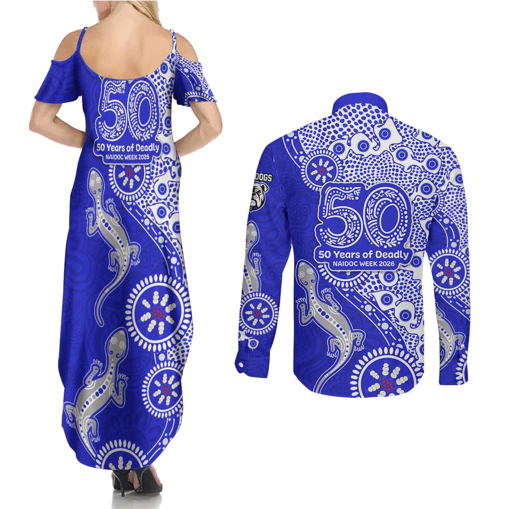 Canterbury-Bankstown Bulldogs NAIDOC Week 2026 Couples Matching Summer Maxi Dress and Long Sleeve Button Shirt Aboriginal Lizard Dot Painting - 50 Years of Deadly