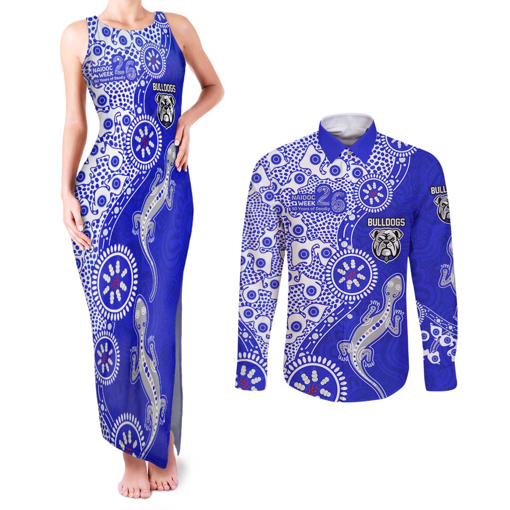 Canterbury-Bankstown Bulldogs NAIDOC Week 2026 Couples Matching Tank Maxi Dress and Long Sleeve Button Shirt Aboriginal Lizard Dot Painting - 50 Years of Deadly