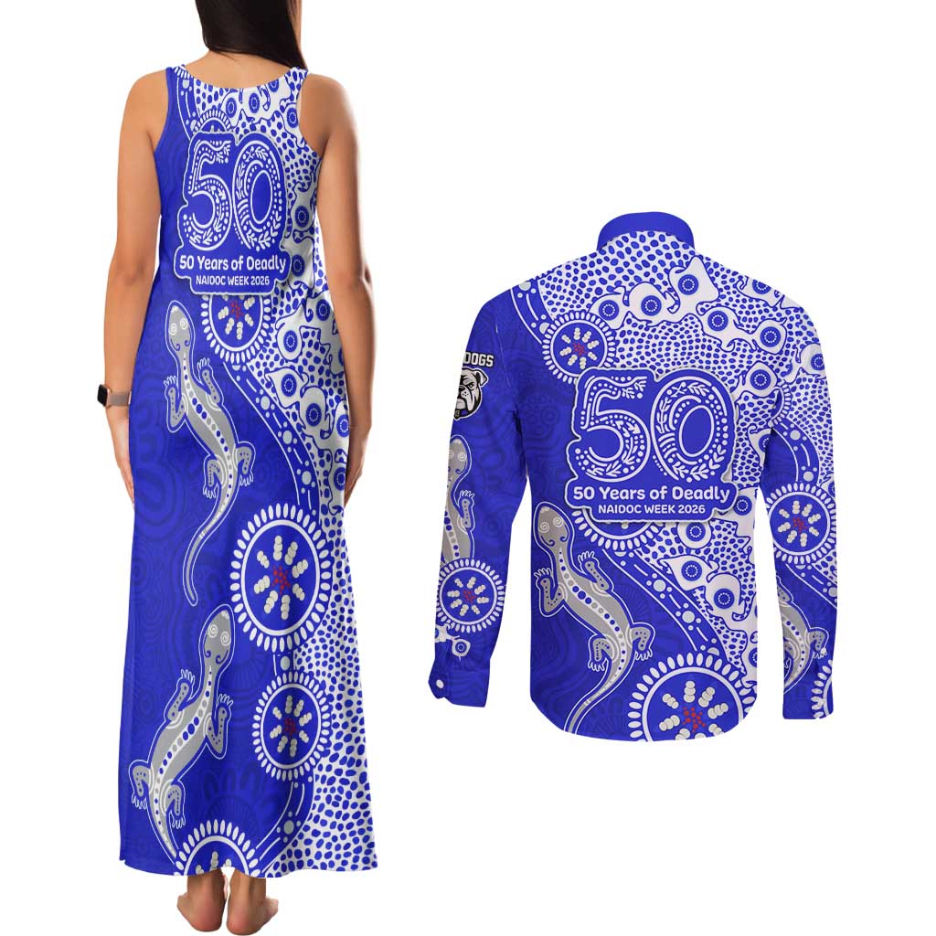 Canterbury-Bankstown Bulldogs NAIDOC Week 2026 Couples Matching Tank Maxi Dress and Long Sleeve Button Shirt Aboriginal Lizard Dot Painting - 50 Years of Deadly