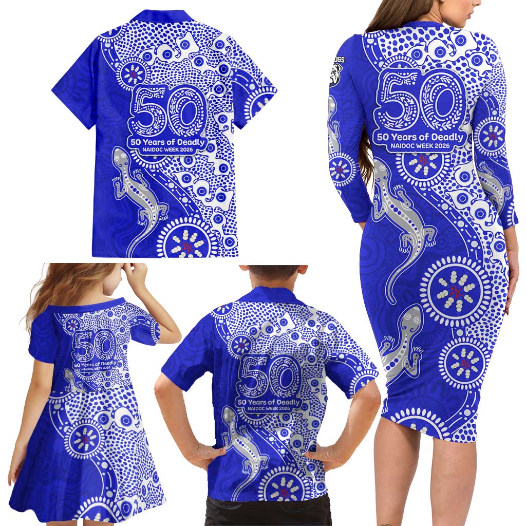 Canterbury-Bankstown Bulldogs NAIDOC Week 2026 Family Matching Long Sleeve Bodycon Dress and Hawaiian Shirt Aboriginal Lizard Dot Painting - 50 Years of Deadly