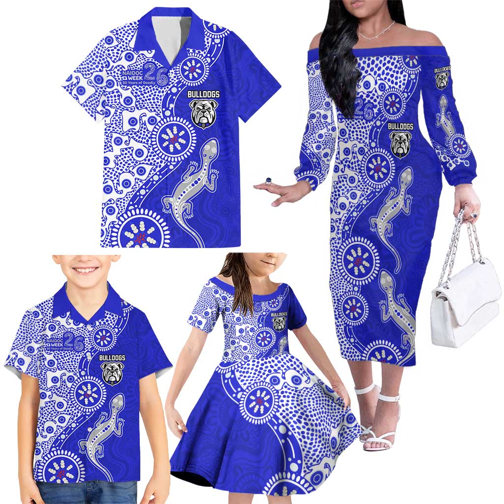 Canterbury-Bankstown Bulldogs NAIDOC Week 2026 Family Matching Off The Shoulder Long Sleeve Dress and Hawaiian Shirt Aboriginal Lizard Dot Painting - 50 Years of Deadly