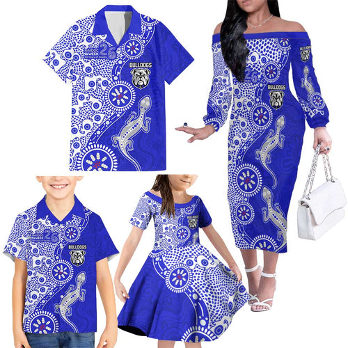 Canterbury-Bankstown Bulldogs NAIDOC Week 2026 Family Matching Off The Shoulder Long Sleeve Dress and Hawaiian Shirt Aboriginal Lizard Dot Painting - 50 Years of Deadly