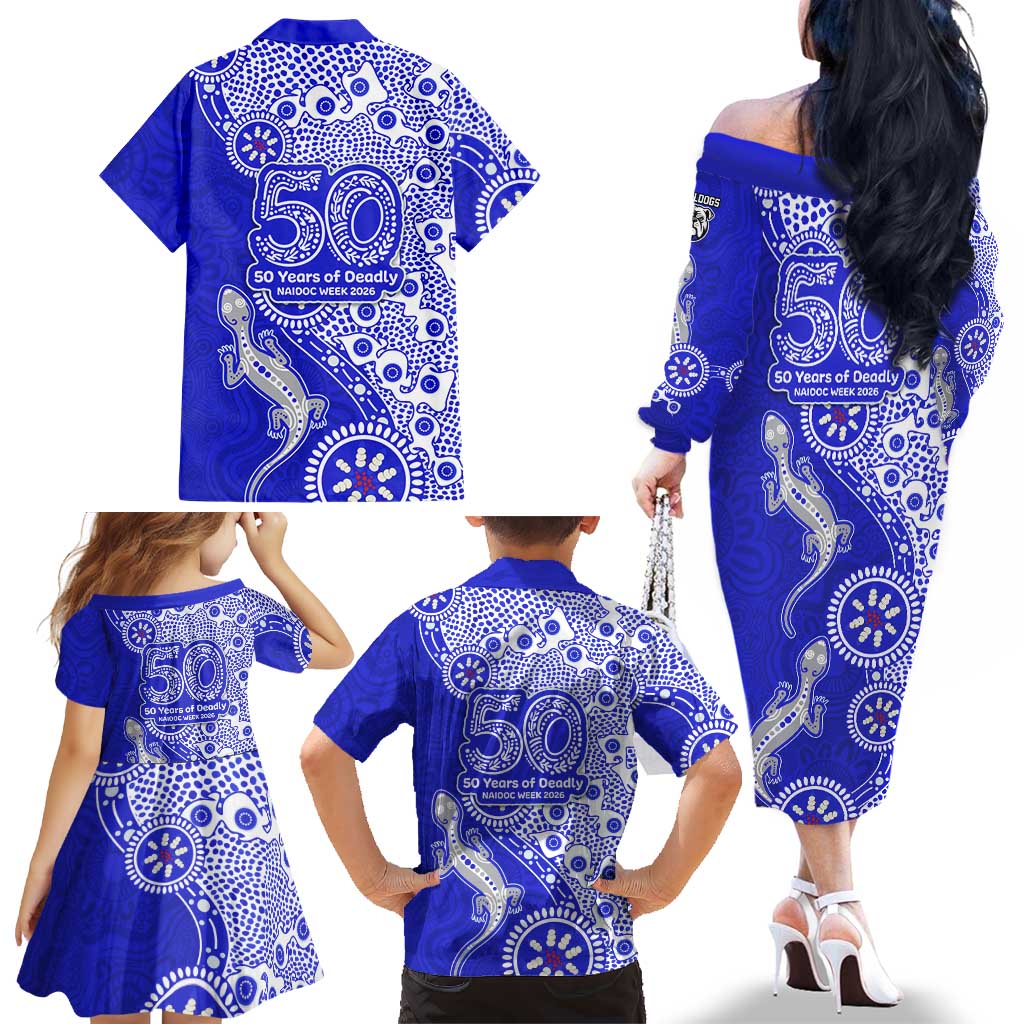 Canterbury-Bankstown Bulldogs NAIDOC Week 2026 Family Matching Off The Shoulder Long Sleeve Dress and Hawaiian Shirt Aboriginal Lizard Dot Painting - 50 Years of Deadly